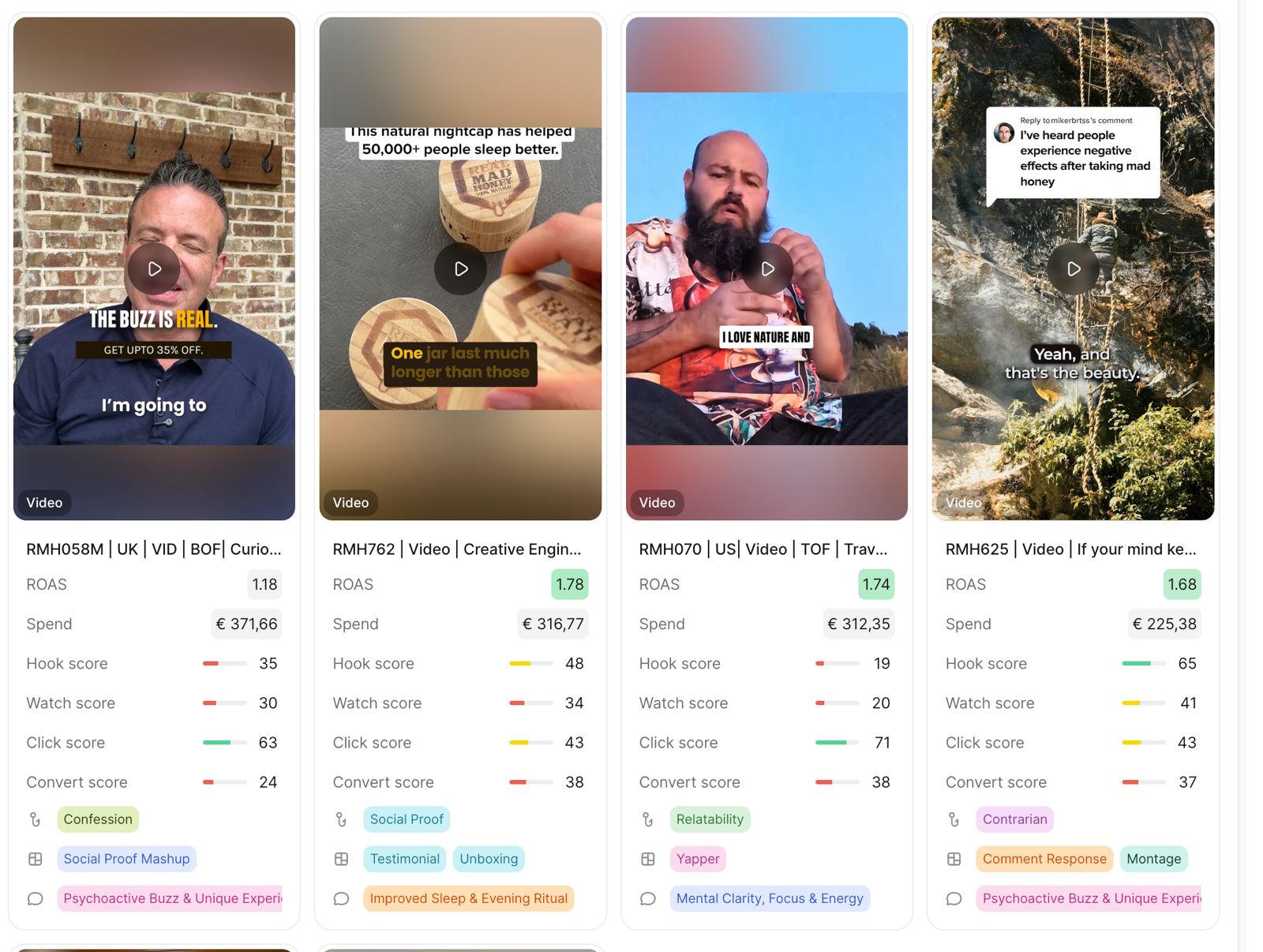 Motion dashboard cards for Real Mad Honey ads RMH058M, RMH762, RMH070 and RMH625 showing spend between 225 and 372 euros each